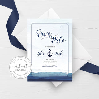 Nautical Save The Date Card, Watercolor Wedding Engagement Announcement, Ocean Waves, Seaside Anchor Save The Date Template, 5x7 - MB100