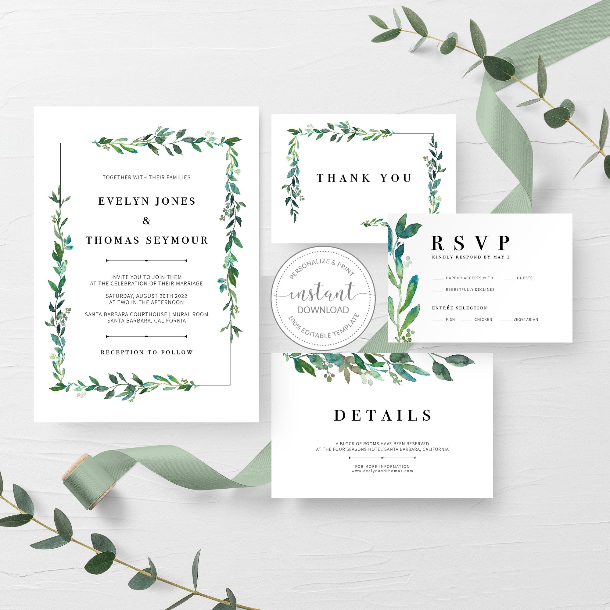 Greenery Wedding Invitation Suite Template, Printable Wedding Invites, - PlumPolkaDot for Free Printable Wedding Invitation Templates