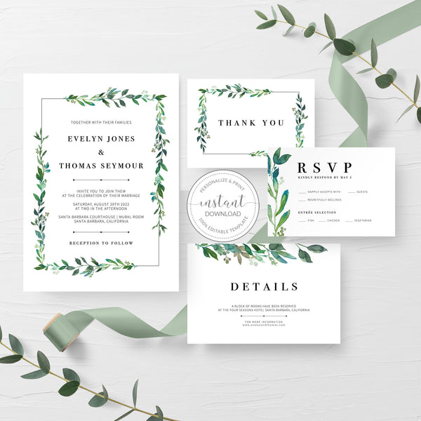 Greenery Wedding Invitation Suite Template, Printable Wedding Invites, -  PlumPolkaDot