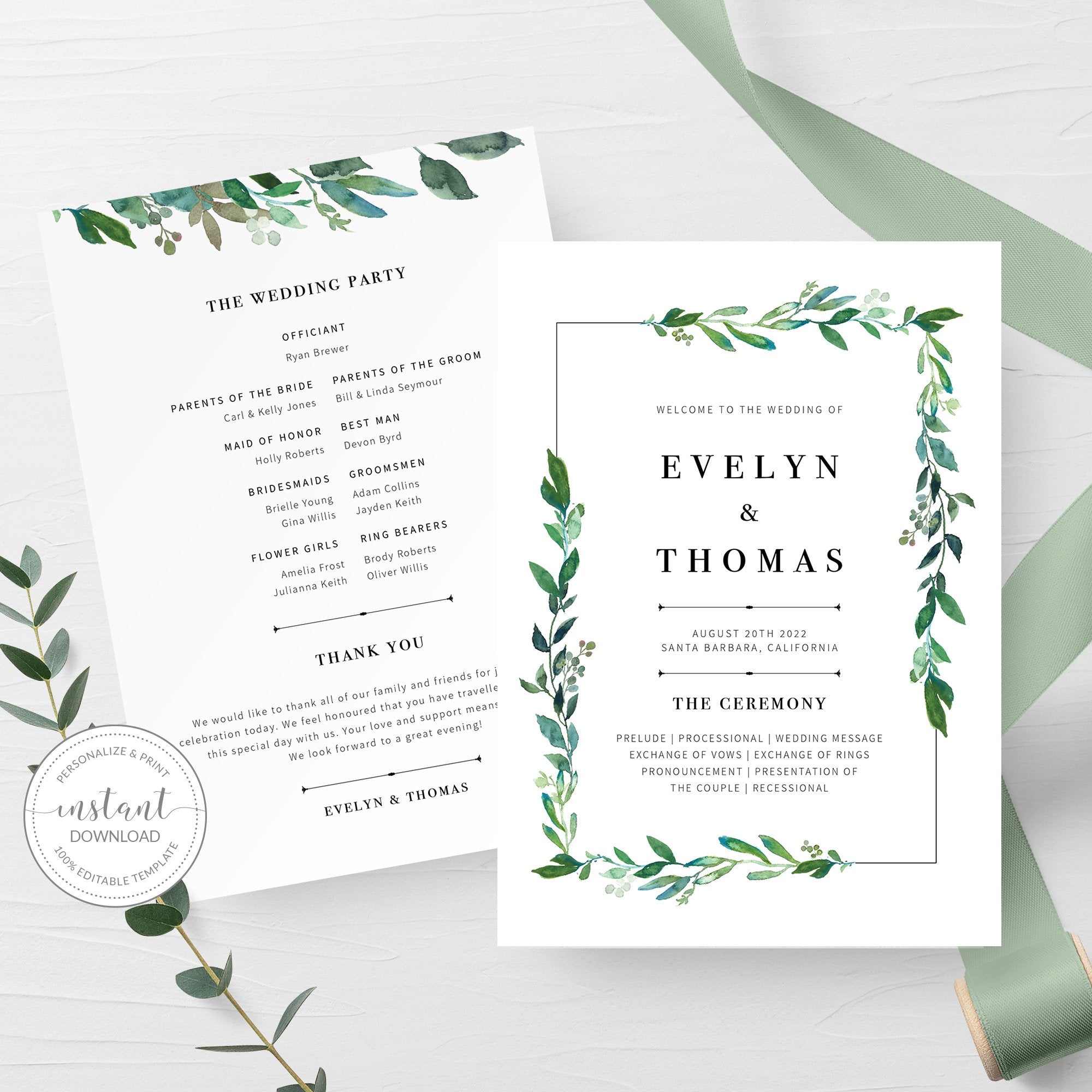 Greenery Wedding Program Fans Template, Printable Wedding Ceremony Fan - PlumPolkaDot greenery-wedding-program-fans-template-printable-wedding-ceremony-fan-plumpolkadot