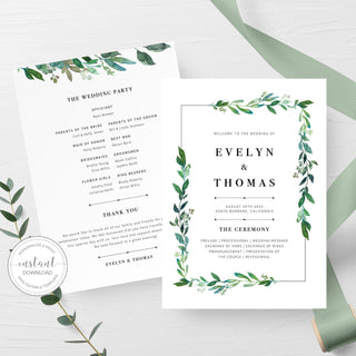 Greenery Wedding Program Template, Wedding Program Greenery, Wedding Ceremony Programs, Editable Wedding Program, 5x7 DIGITAL DOWNLOAD G100