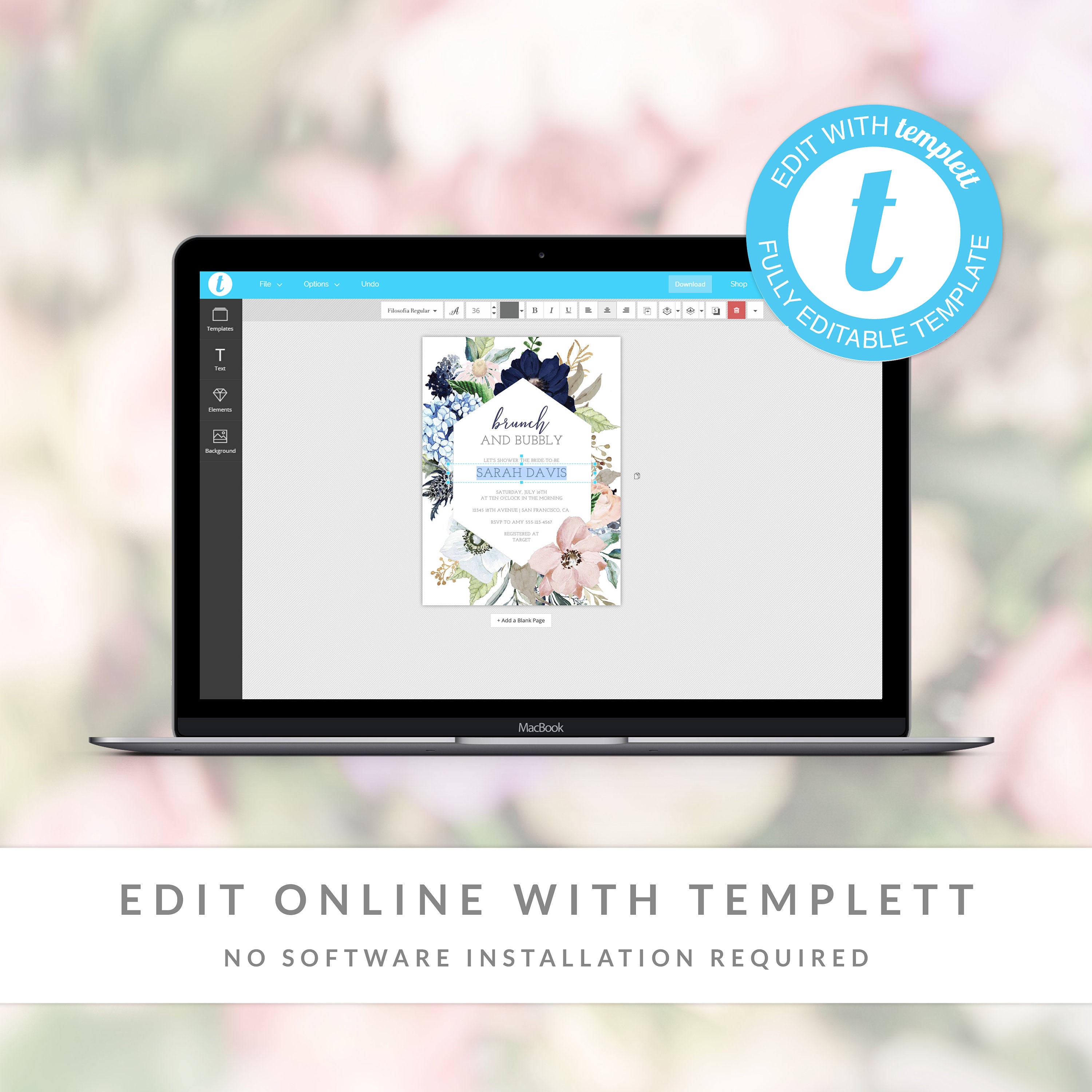 Brunch and Bubbly Bridal Shower Invitation Template, Navy and Blush Bridal Shower Invite, Brunch Bridal Shower Invite, 5x7 DIGITAL - MB100