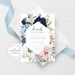 Brunch and Bubbly Bridal Shower Invitation Template, Navy and Blush Bridal Shower Invite, Brunch Bridal Shower Invite, 5x7 DIGITAL - MB100