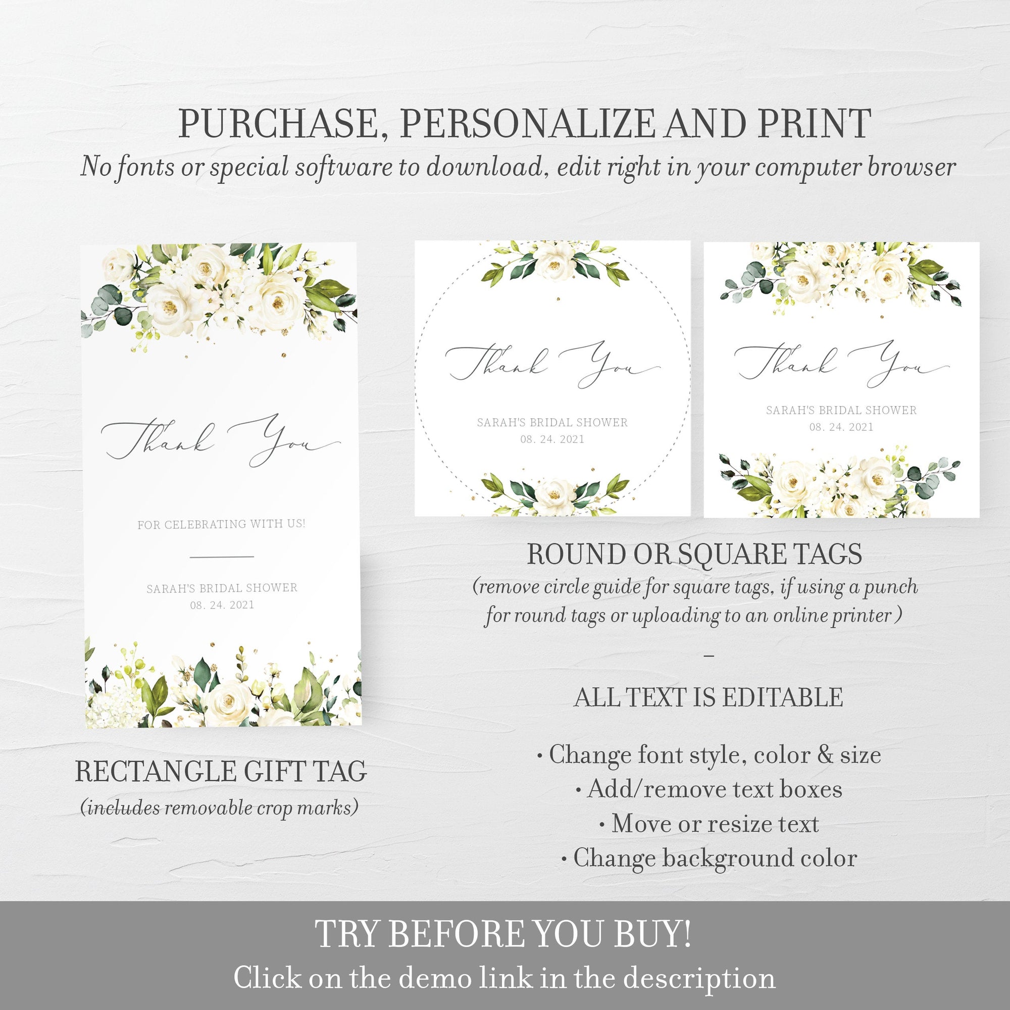 White Floral Greenery Bridal Shower Favor Tags Template, Favor Tags Printable, Wedding Shower Thank You Tags, DIGITAL DOWNLOAD WRG100
