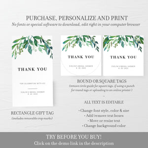 Greenery Bridal Shower Favor Tags Template, Greenery Favor Tags Printable, Wedding Shower Thank You Tags, DIGITAL DOWNLOAD G100
