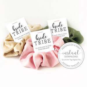 Printable Bride Tribe Tag for Hair Scrunchies, Printable Scrunchie Tag for Bridal Party Gifts, Bachelorette Favors Template DIGITAL DOWNLOAD