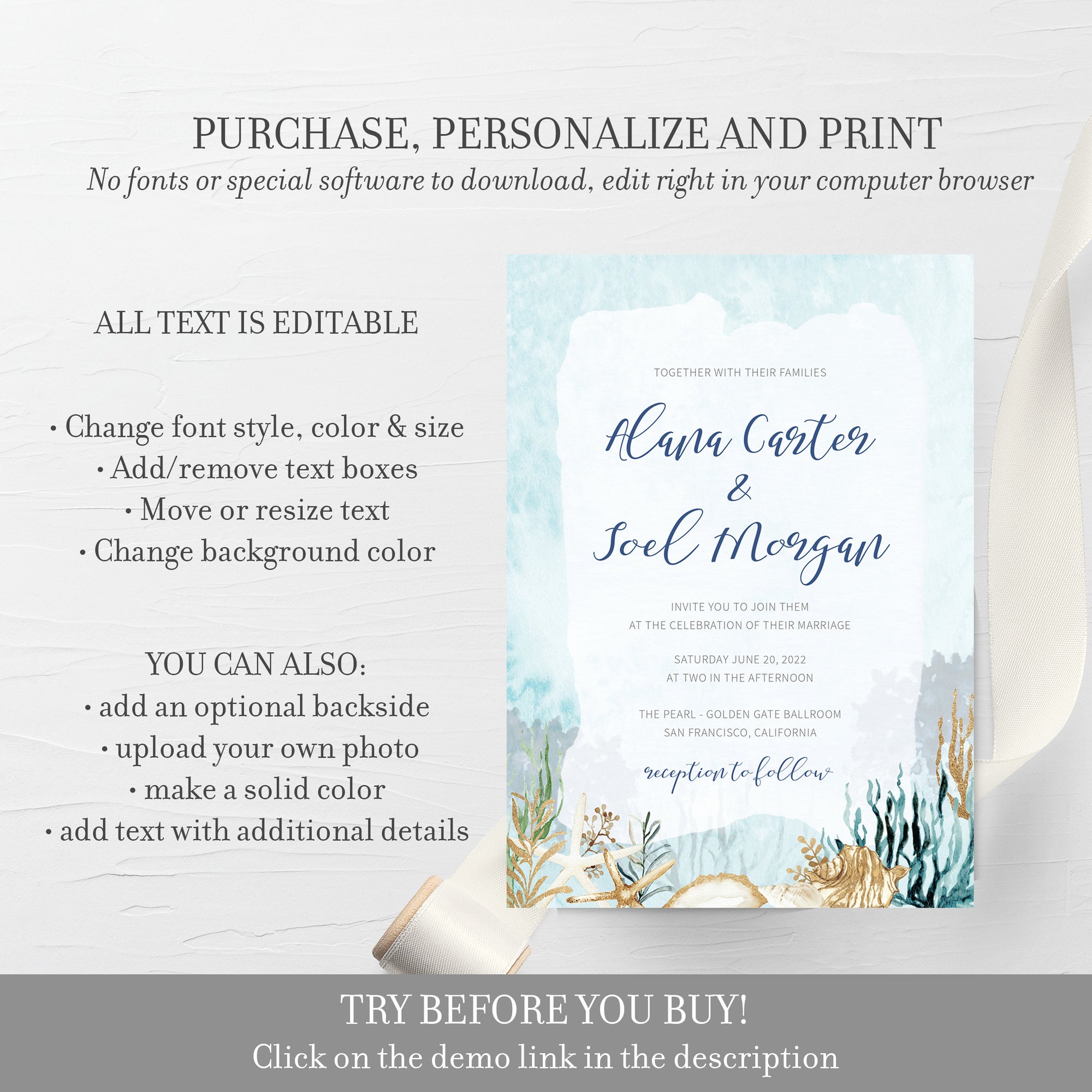 Beach Themed Wedding Invitations, Printable Beach Wedding Invitations Template, Beach Wedding Invite Set, INSTANT DOWNLOAD - MB200