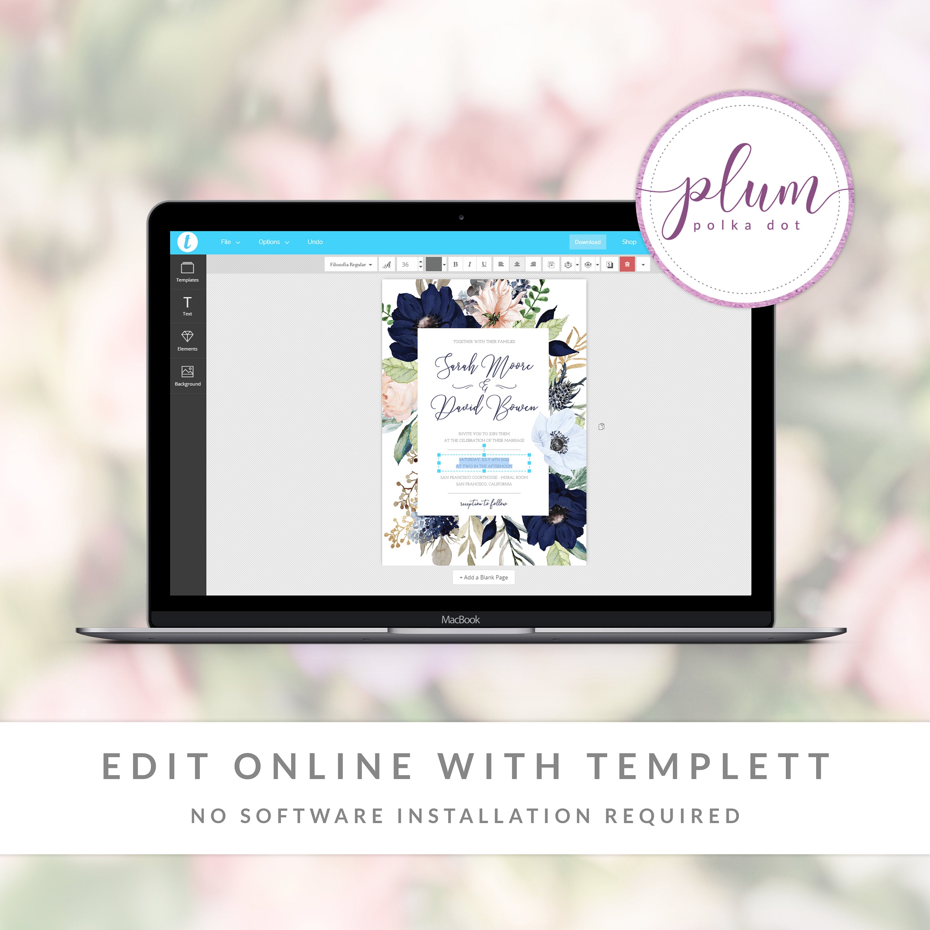 Wedding Invitation Blush and Navy, Blush and Navy Wedding Invitation Template, Navy Pink Wedding Invitation Suite, INSTANT DOWNLOAD - MB100