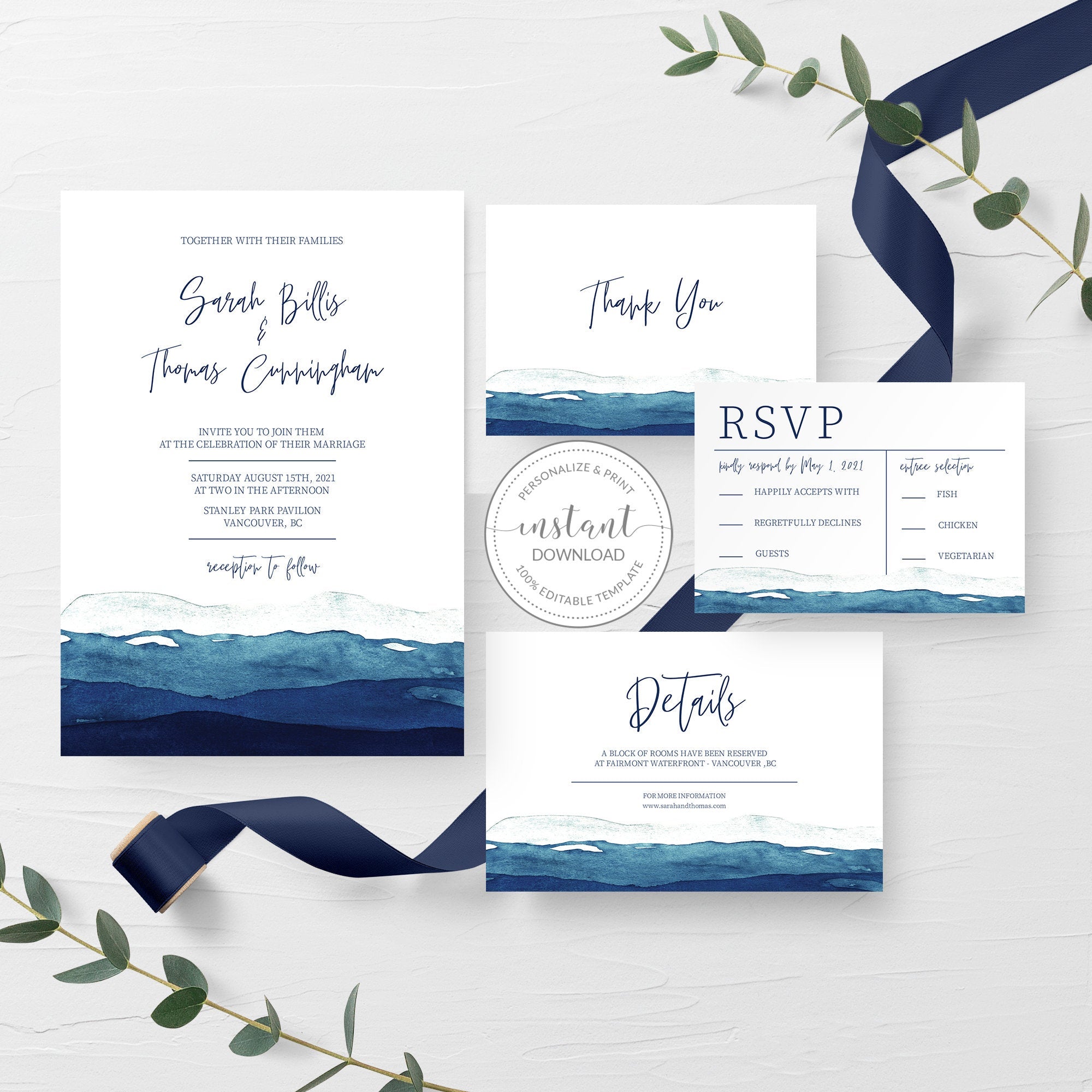Beach Themed Wedding Invitation Suite Template, Printable Modern Ocean - PlumPolkaDot beach-themed-wedding-invitation-suite-template-printable-modern-ocean-plumpolkadot
