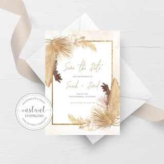 Desert Boho Save The Date Card Template, Pampas Grass Save The Date Wedding Engagement Announcement, Save The Date Printable, 5x7 - DP100