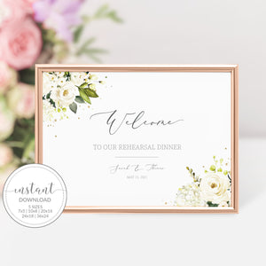 White Floral Greenery Wedding Rehearsal Dinner Welcome Sign Template, Large Welcome Sign Printable, Wedding Rehearsal Signs, DIGITAL WRG100