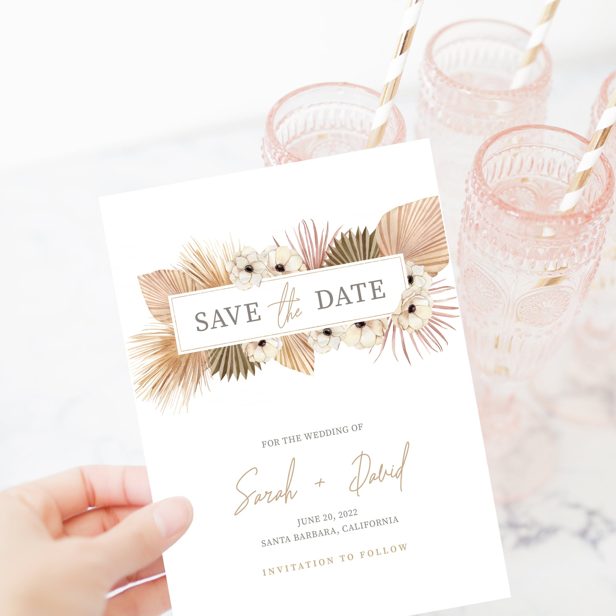 Pampas Grass Save The Date Card Template, Desert Boho Save The Date Wedding Engagement Announcement, Save The Date Printable, 5x7 - DP100