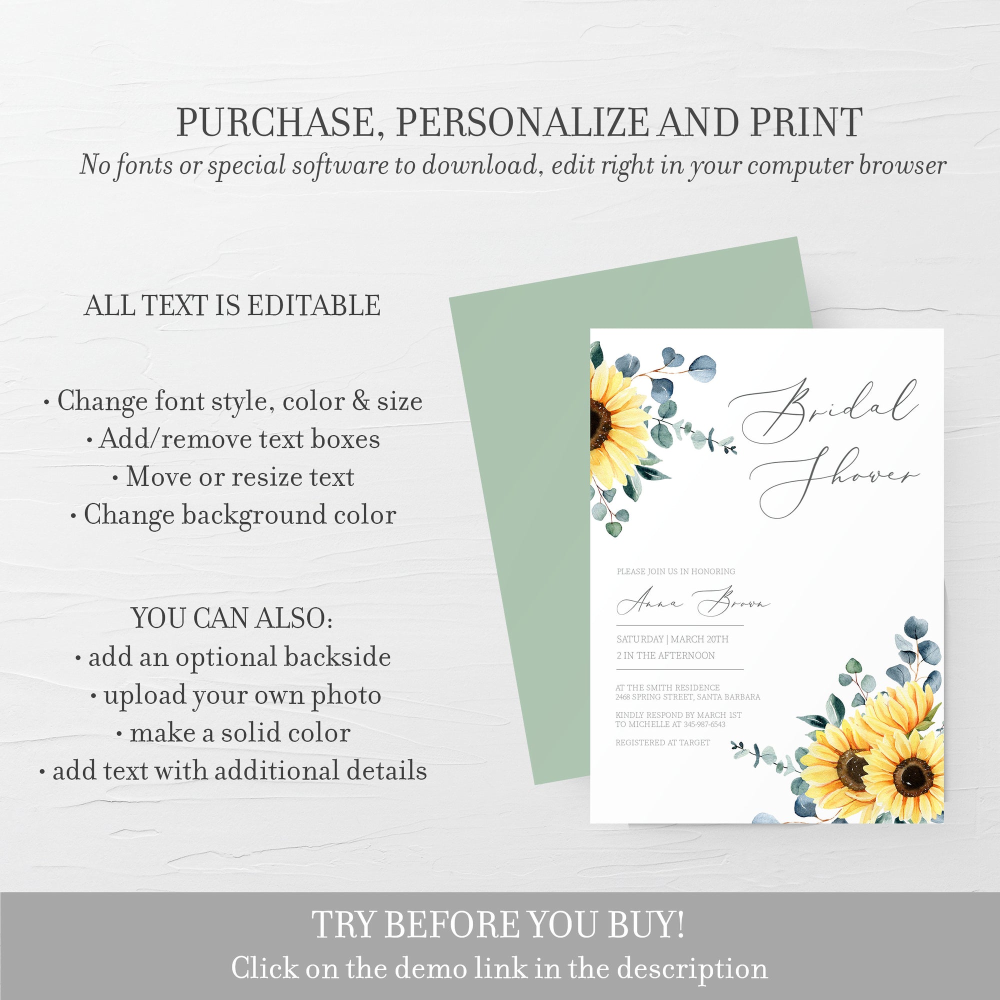 Printable Sunflower Bridal Shower Invitation Template, Editable Sunflower Wedding Shower Invite, DIGITAL DOWNLOAD - S100