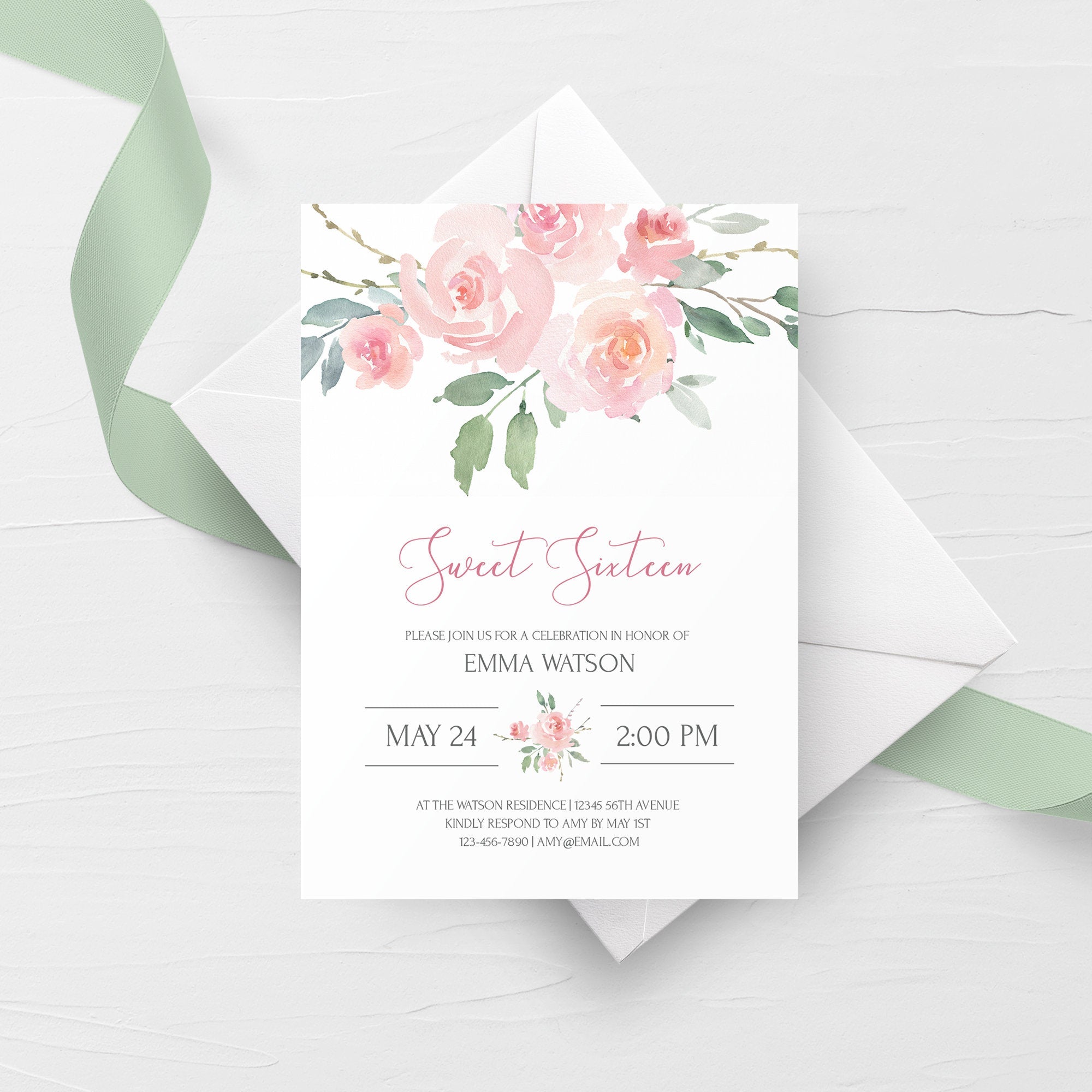 Blush Pink Floral Sweet 16 Invitation Template, Printable Sweet Sixtee - PlumPolkaDot blush-pink-floral-sweet-16-invitation-template-printable-sweet-sixtee-plumpolkadot
