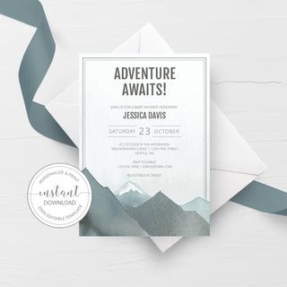 Mountain Baby Shower Invitation Boy, Adventure Awaits Baby Shower Invitation Template, Printable Shower Invite, DIGITAL DOWNLOAD D100
