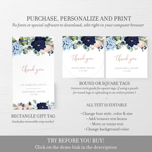 Navy and Blush Bridal Shower Favor Tags Template, Floral Favor Tags Printable, Wedding Shower Thank You Tags, DIGITAL DOWNLOAD MB100