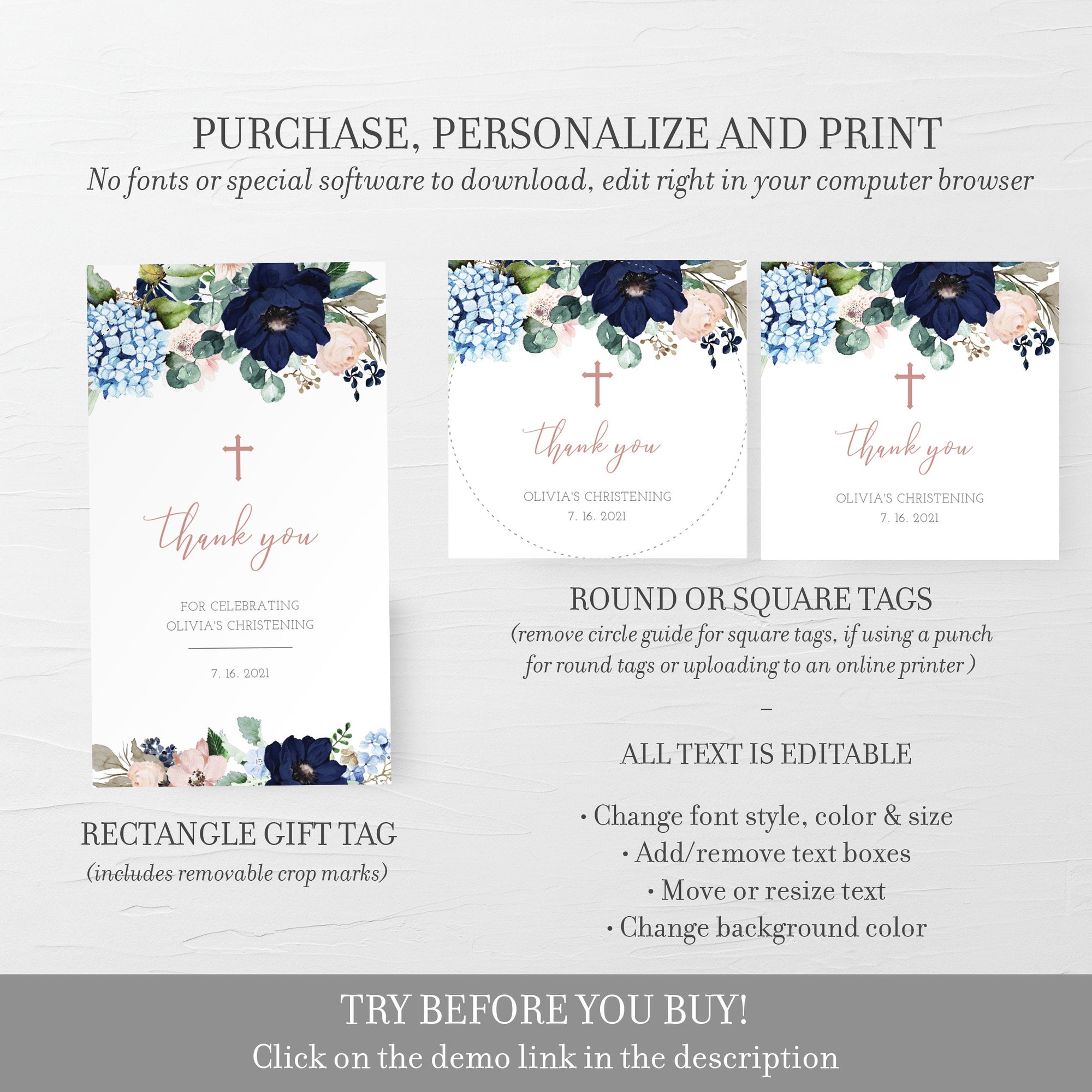 Printable Christening Favor Tags Template, Baby Girl Christening Favor Tag, Navy and Blush Baby Christening Thank You DIGITAL DOWNLOAD MB100