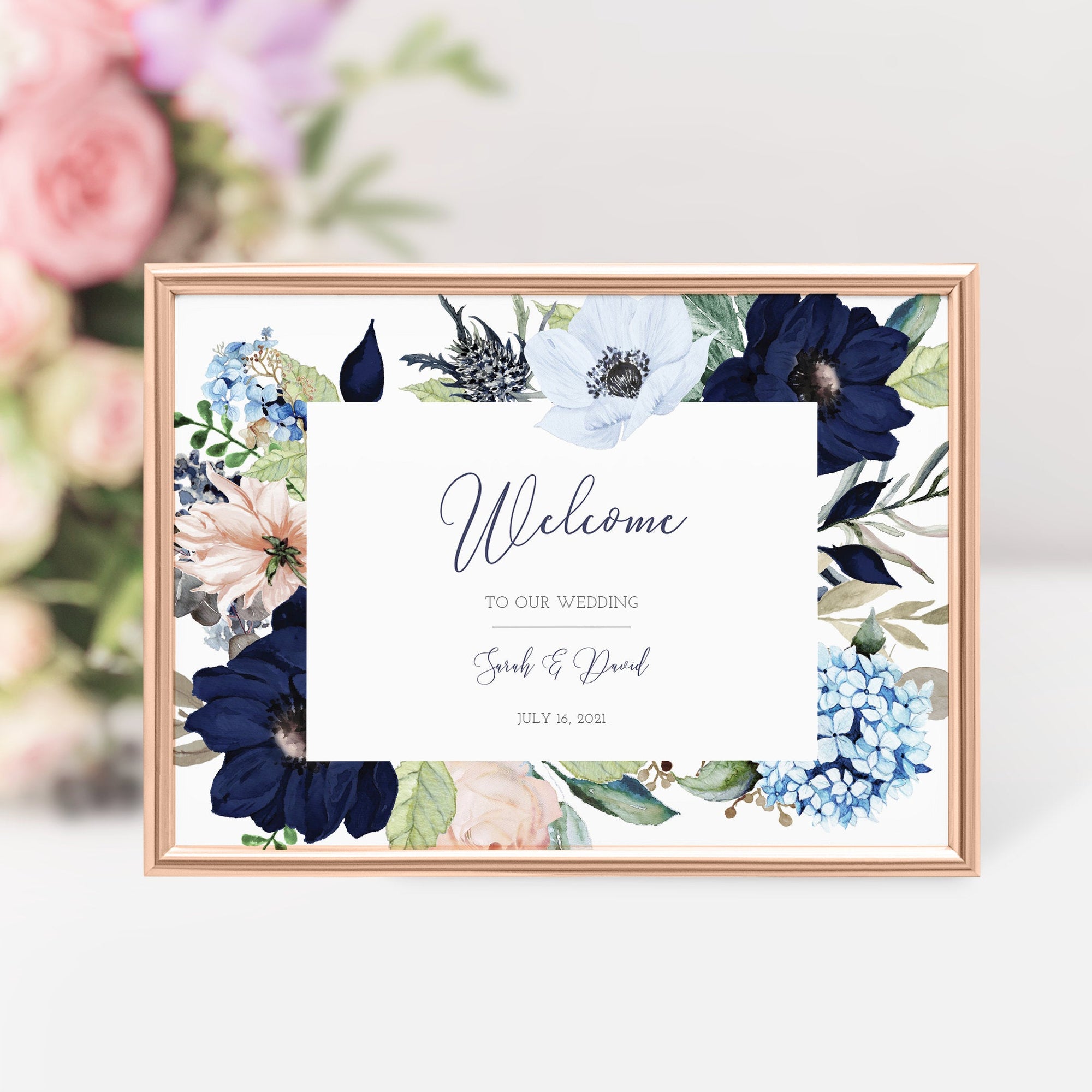 Welcome To Our Wedding Sign Template, Navy and Blush, Large Wedding Welcome Sign Template, Wedding Ceremony Sign, DIGITAL DOWNLOAD MB100