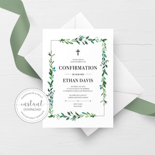 Greenery Confirmation Invitation Template, Printable Confirmation Invite, Boy Confirmation, Religious Invitation, DIGITAL DOWNLOAD G100