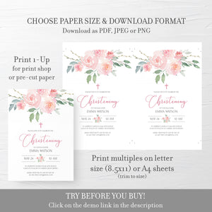 Pink Floral Christening Invitation Template, Printable Girl Christening Invitation, Baby Girl Christening Invitation, DIGITAL DOWNLOAD FR100