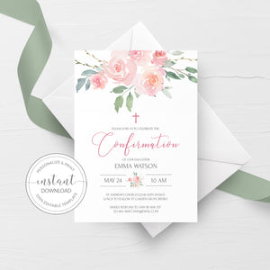 Pink Floral Confirmation Invitation Template, Printable Confirmation Invite, Girl Confirmation, Religious Invitation, DIGITAL DOWNLOAD FR100