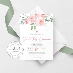 Pink Floral Holy Communion Invitation Template, Printable First Holy Communion Invitation, 1st Holy Communion Invite, DIGITAL DOWNLOAD FR100