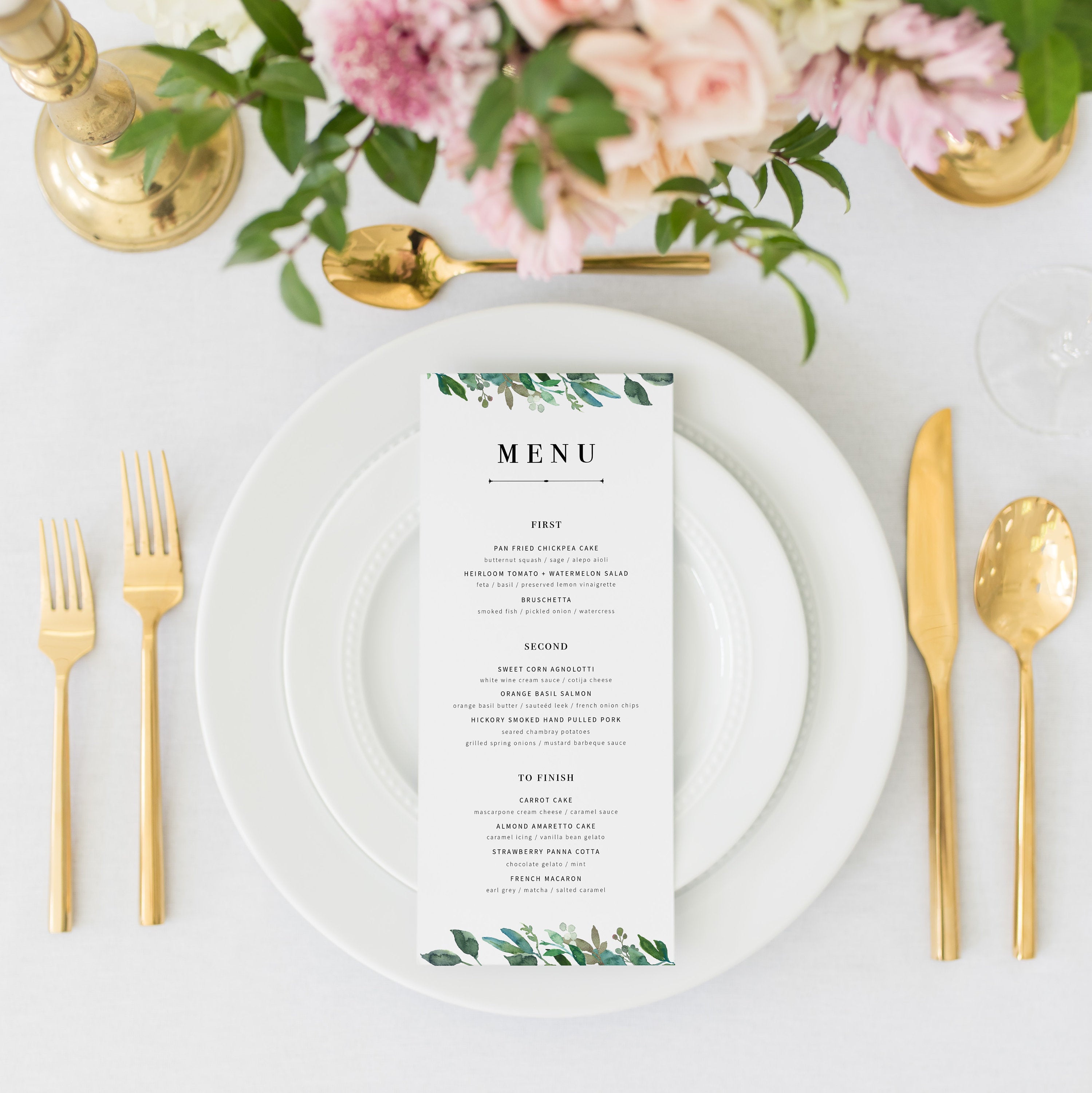 Greenery Wedding Menu Template, Wedding Menu Card, Greenery Menu Editable Download, Editable Menu Cards, Printable Menu, 4x9 & 5x7 - G100