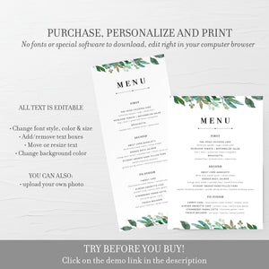 Greenery Wedding Menu Template, Wedding Menu Card, Greenery Menu Editable Download, Editable Menu Cards, Printable Menu, 4x9 & 5x7 - G100