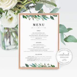 Greenery Wedding Menu Template, Wedding Menu Card, Greenery Menu Editable Download, Editable Menu Cards, Printable Menu, 4x9 & 5x7 - G100