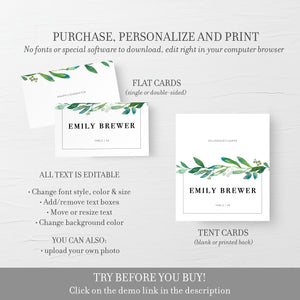 Greenery Wedding Place Card Template, Greenery Wedding Name Cards, Editable Printable Place Cards, DIGITAL DOWNLOAD - G100