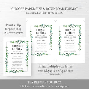 Greenery Brunch and Bubbly Bridal Shower Invitation Template, Printable Brunch Bridal Shower Invite, Brunch Bridal Shower Invitation - G100