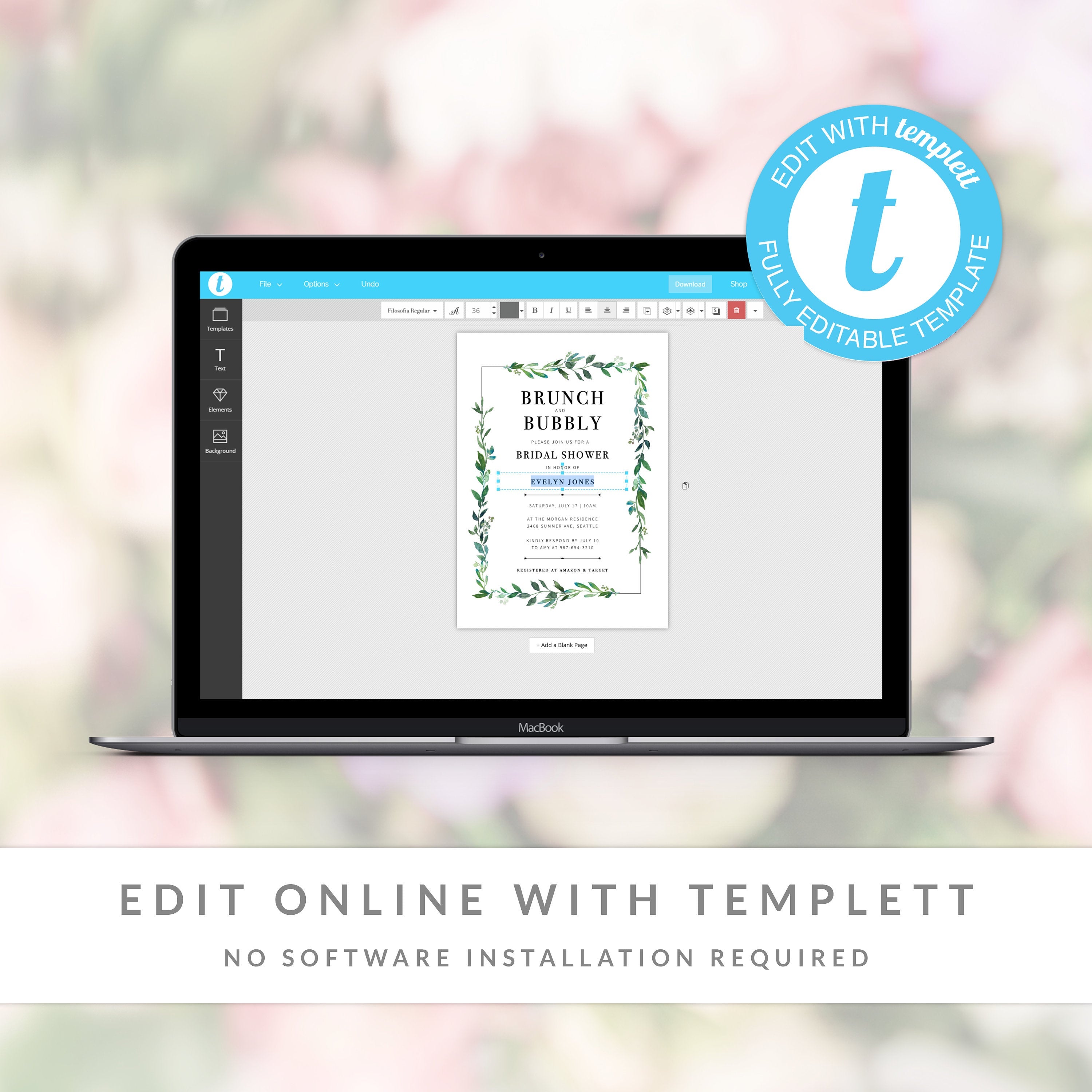 Greenery Brunch and Bubbly Bridal Shower Invitation Template, Printable Brunch Bridal Shower Invite, Brunch Bridal Shower Invitation - G100