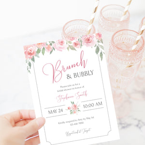 Pink Floral Brunch and Bubbly Bridal Shower Invitation Template, Printable Brunch Bridal Shower Invite, Brunch Bridal Shower - FR100