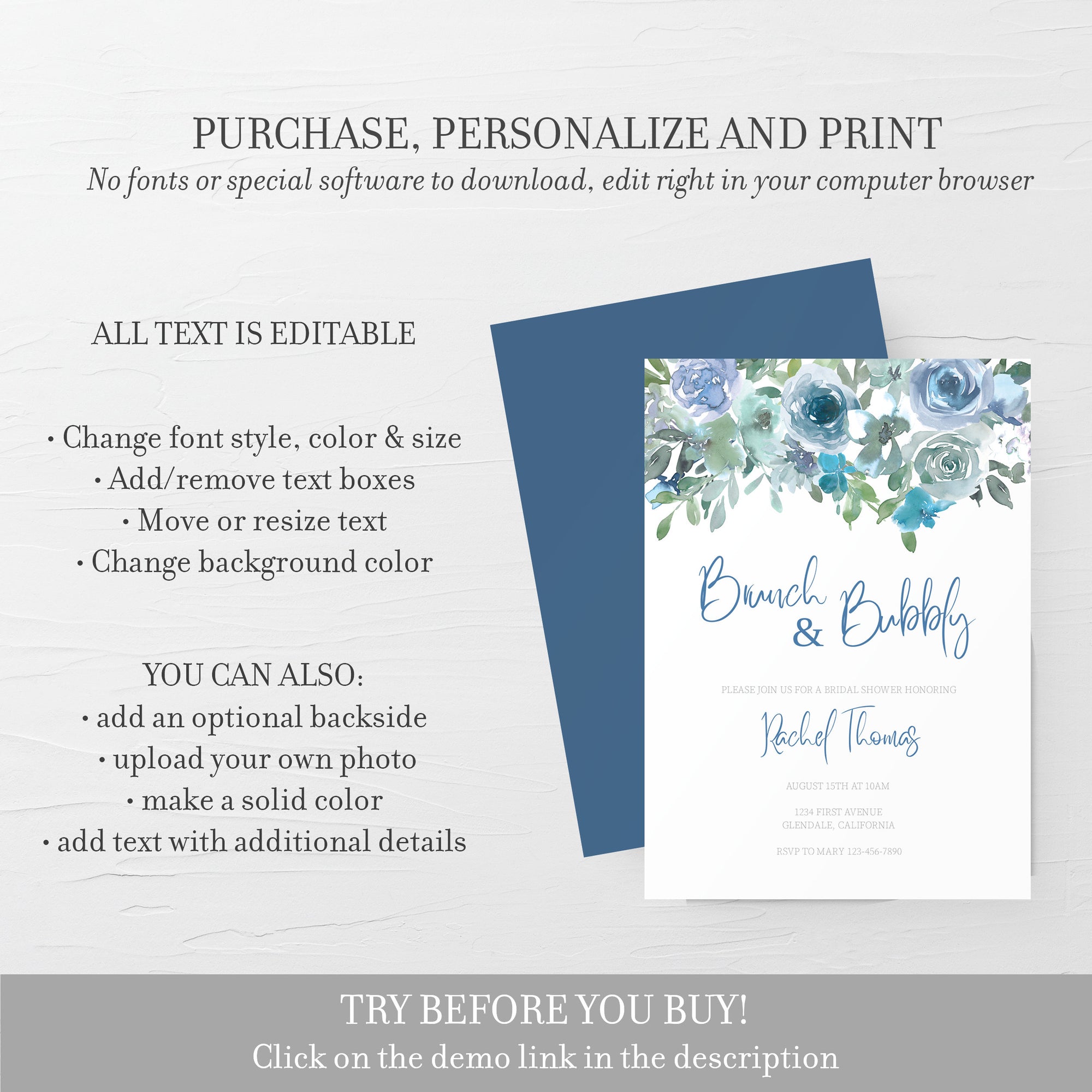 Blue Floral Brunch and Bubbly Bridal Shower Invitation Template, Printable Brunch Bridal Shower Invite, Brunch Bridal Shower - BF100