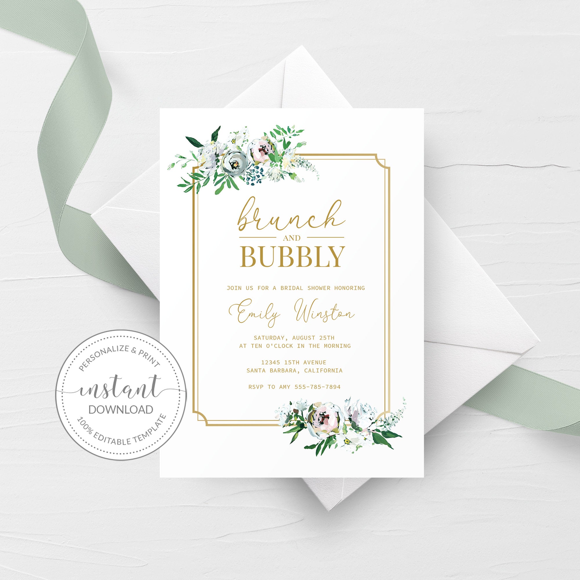 Blush Floral Greenery Brunch and Bubbly Bridal Shower Invitation Templ - PlumPolkaDot blush-floral-greenery-brunch-and-bubbly-bridal-shower-invitation-templ-plumpolkadot