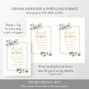 Brunch and Bubbly Bridal Shower Invitation Template, Printable Brunch Bridal Shower Invite Blush Floral Greenery, 5x7 DIGITAL - BGF100