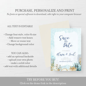 Beach Save The Date Card, Editable Wedding Engagement Announcement, Ocean Themed, Destination Wedding Save The Date Template, 5x7 - MB100