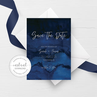 Dark Blue Save The Date Card Template, Watercolor Editable Wedding Engagement Announcement, Moody Save The Date Printable, 5x7 - MB100