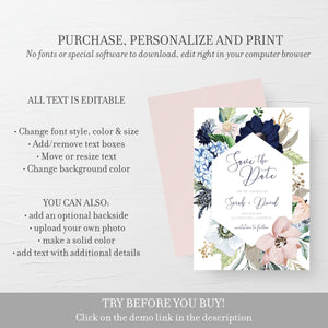 Blush and Navy Save The Date Card Template, Boho Floral Wedding Engagement Announcement, Save The Date Printable, 5x7 - MB100
