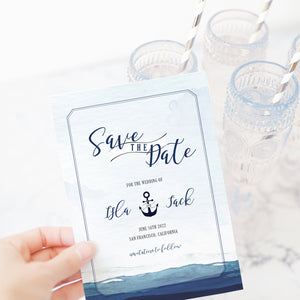 Nautical Save The Date Card, Watercolor Wedding Engagement Announcement, Ocean Waves, Seaside Anchor Save The Date Template, 5x7 - MB100