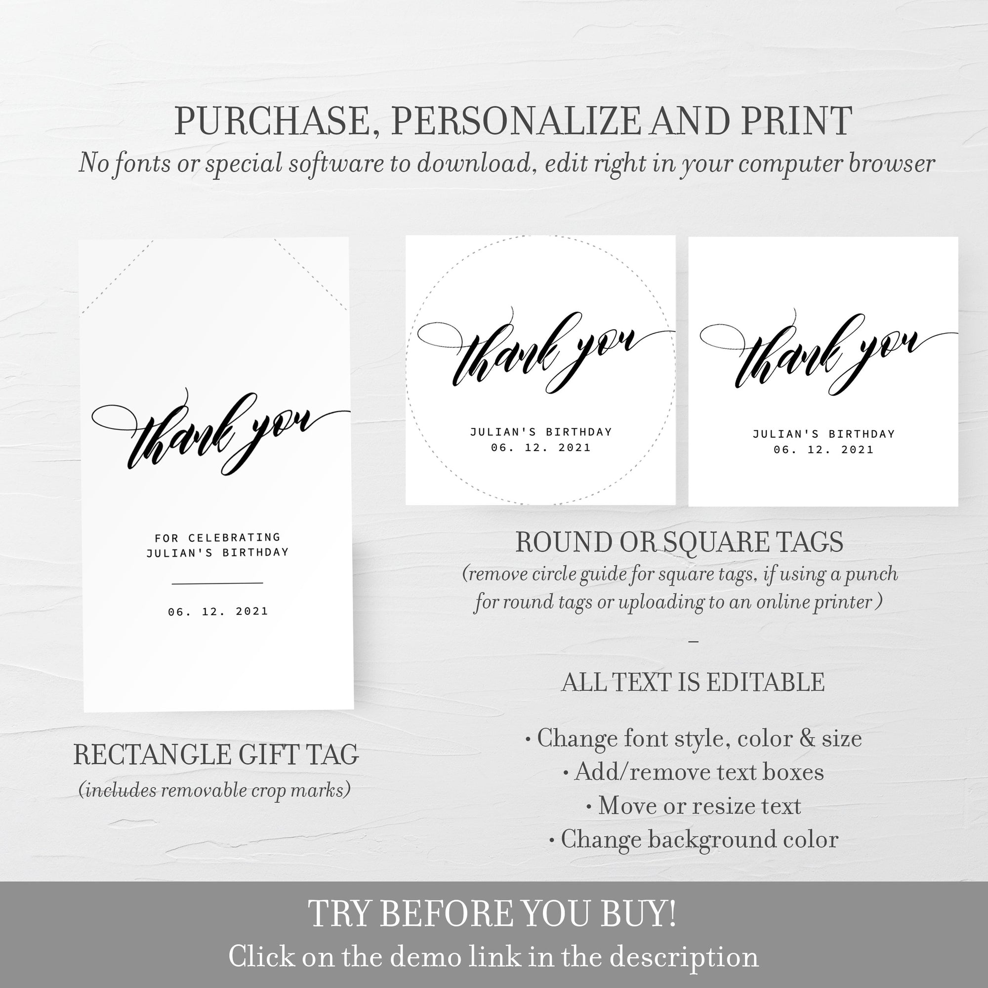 Black Script Favor Tags Printable, Modern Birthday Party Favor Tags Template, Minimalist Thank You Tags, Editable DIGITAL DOWNLOAD SFB100