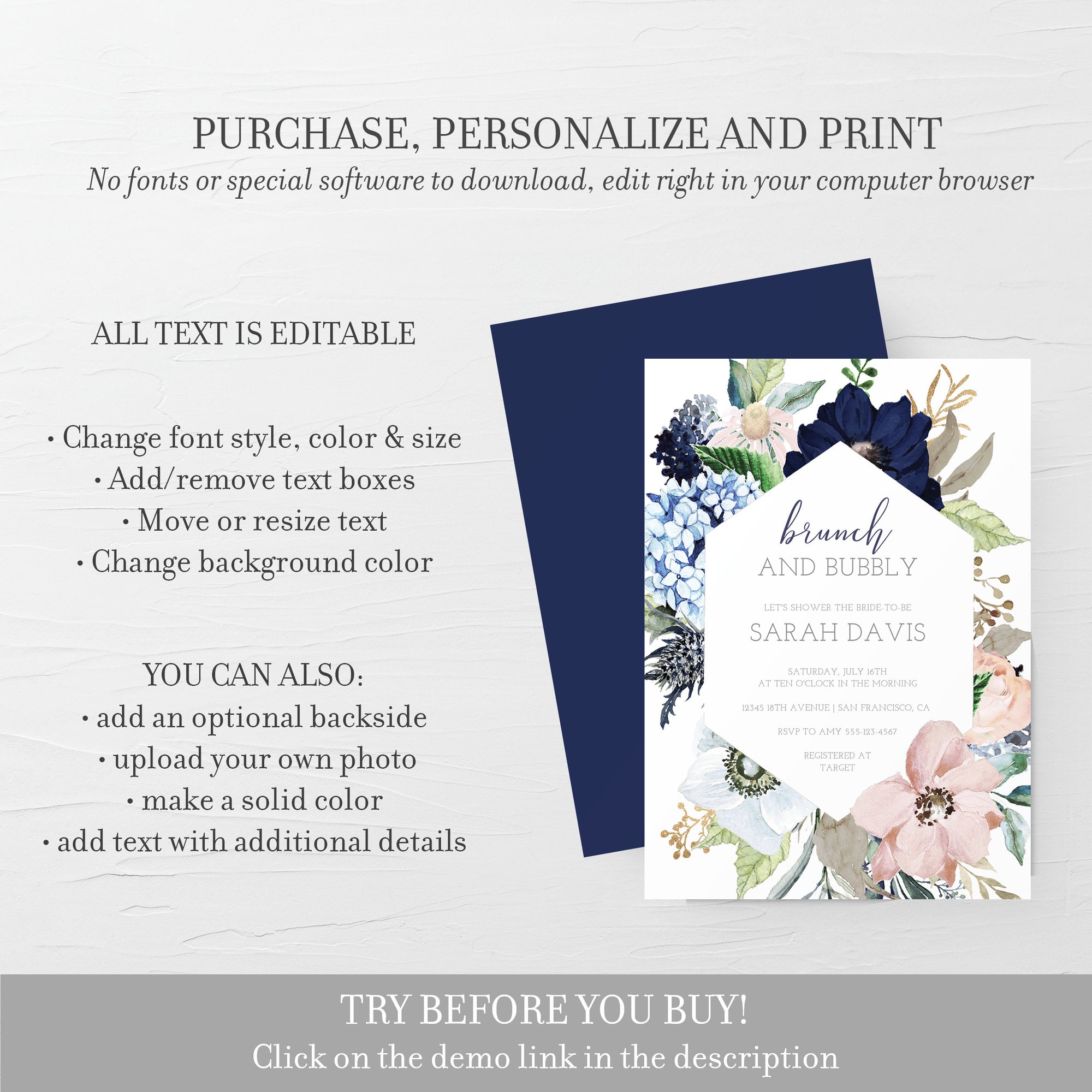 Brunch and Bubbly Bridal Shower Invitation Template, Navy and Blush Bridal Shower Invite, Brunch Bridal Shower Invite, 5x7 DIGITAL - MB100