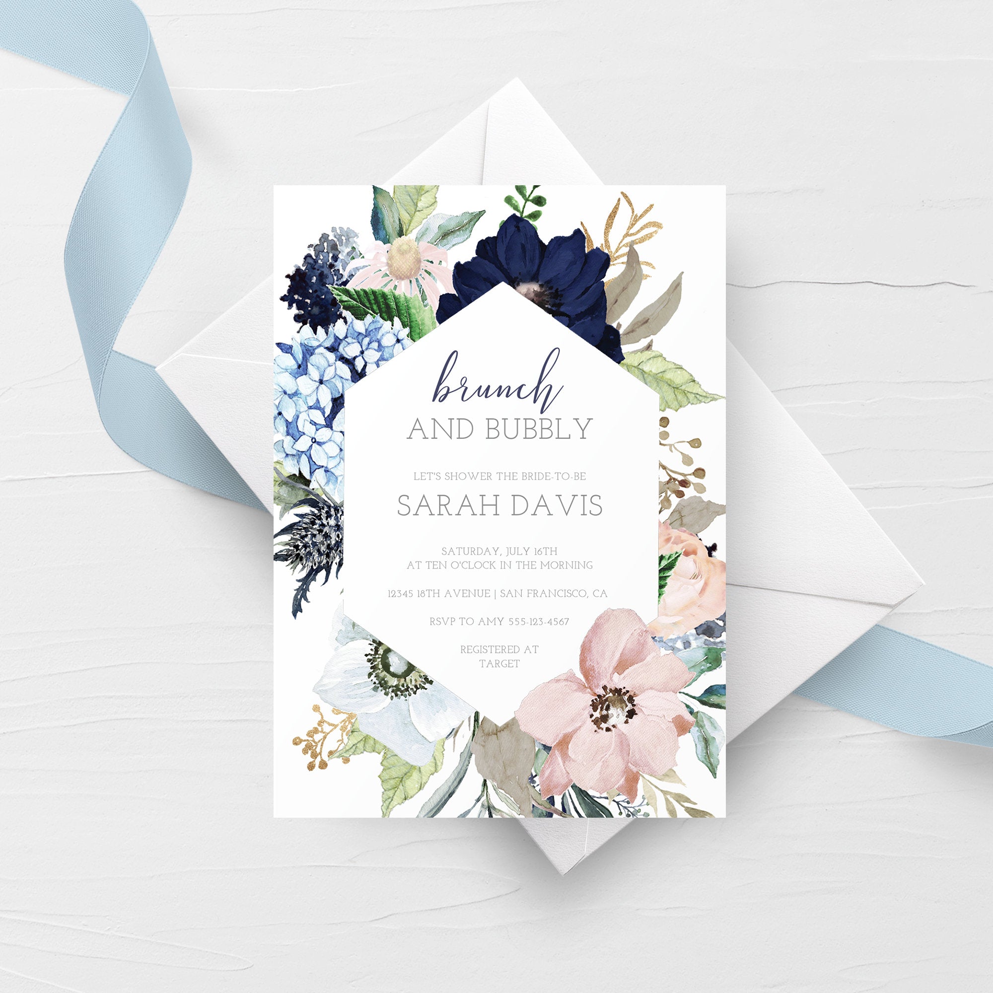 Brunch and Bubbly Bridal Shower Invitation Template, Navy and Blush Bridal Shower Invite, Brunch Bridal Shower Invite, 5x7 DIGITAL - MB100