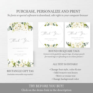 White Floral Greenery Baby Shower Favor Tags, Greenery Favor Tags Printable Template, Baby Shower Thank You Tags, DIGITAL DOWNLOAD WRG100
