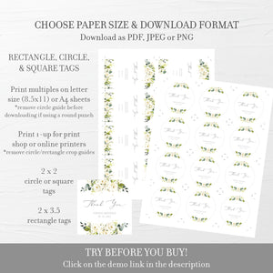 White Floral Greenery Favor Tags Printable Template, Greenery Birthday Party Favor Tags, Greenery Thank You Tags, DIGITAL DOWNLOAD WRG100