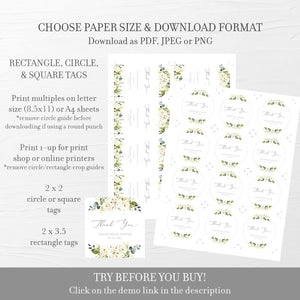 White Floral Greenery Bridal Shower Favor Tags Template, Favor Tags Printable, Wedding Shower Thank You Tags, DIGITAL DOWNLOAD WRG100