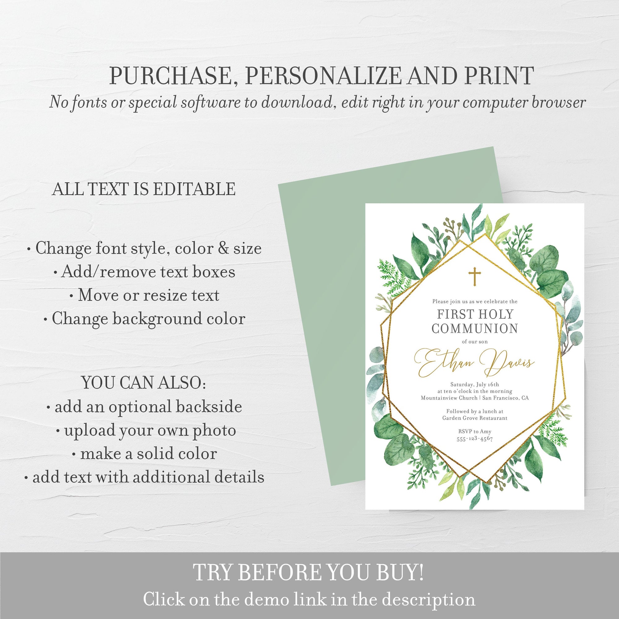 Greenery First Holy Communion Invitation Template, Printable Gold Boy - PlumPolkaDot Greenery First Holy Communion Invitation Template, Printable Gold Boy - PlumPolkaDot
