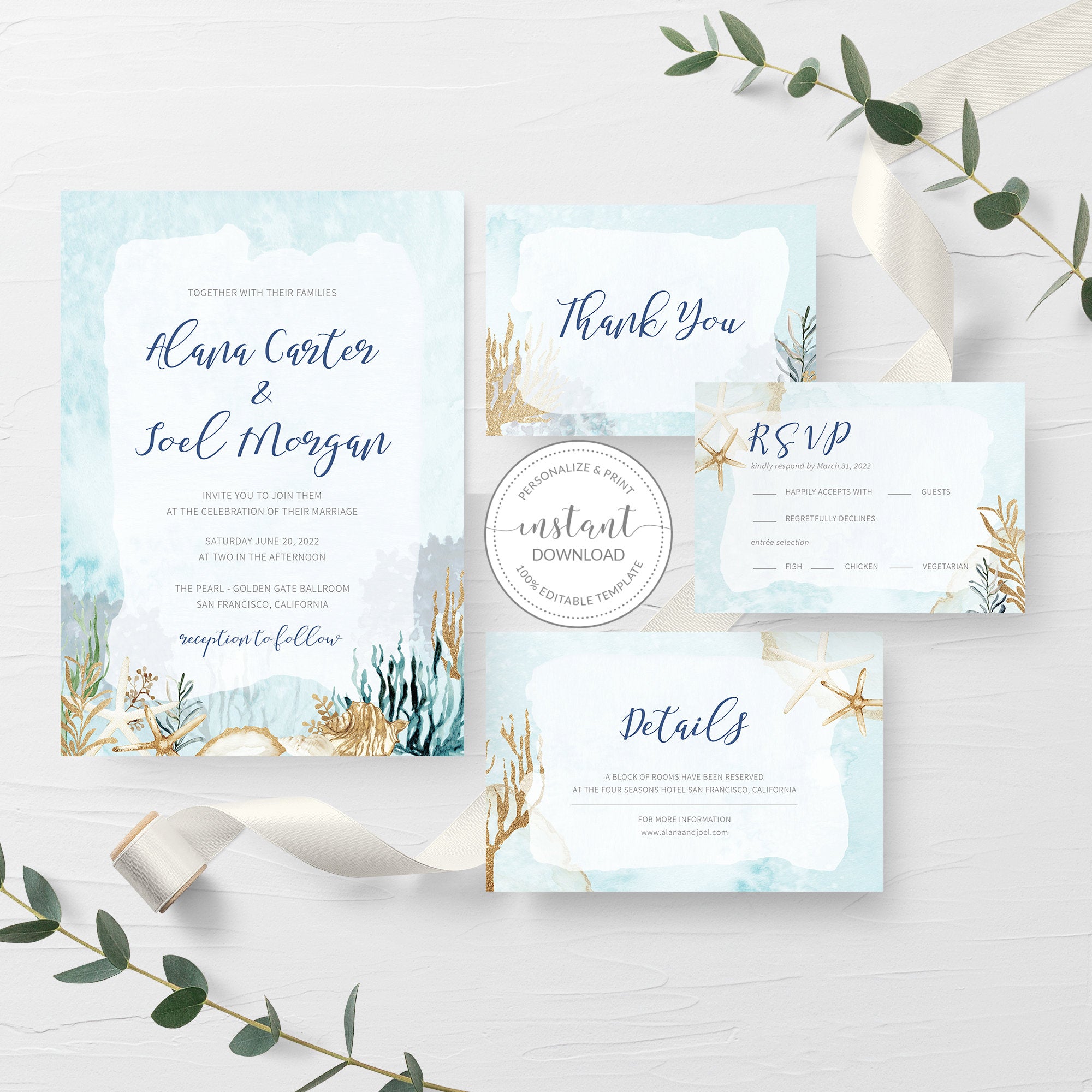 Beach Themed Wedding Invitation Suite Template, Printable Beach Weddin - PlumPolkaDot beach-themed-wedding-invitation-suite-template-printable-beach-weddin-plumpolkadot