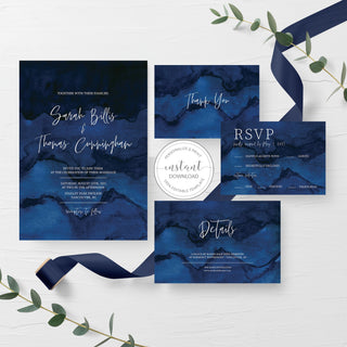 Navy Blue Wedding Invitation Template, Dark Wedding Invitation Suite, Moody Wedding Invite Set, Dark Blue Invite, DIGITAL DOWNLOAD - MB300