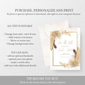 Desert Boho Save The Date Card Template, Pampas Grass Save The Date Wedding Engagement Announcement, Save The Date Printable, 5x7 - DP100